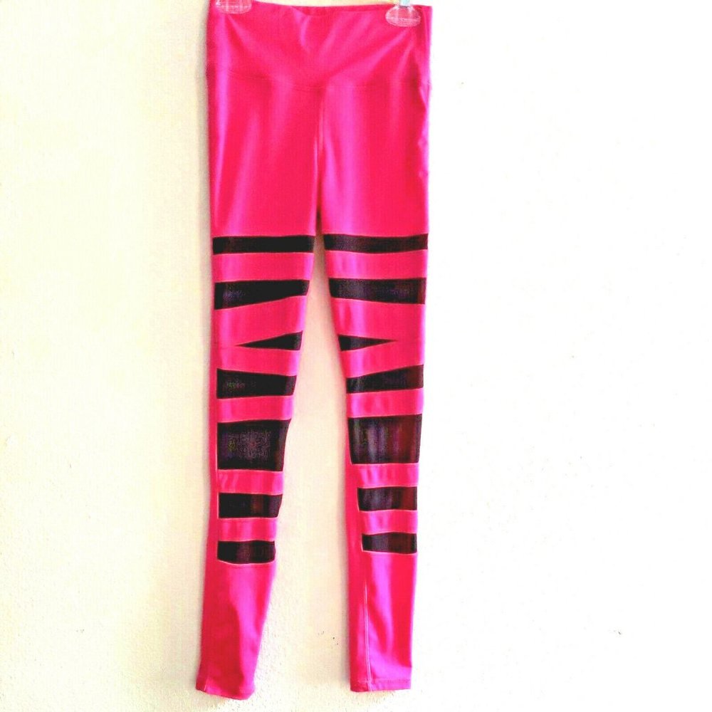 NWOT POP FIT AVA LEGGINGS Mesh Stripe in Hot Pink,sz.XS